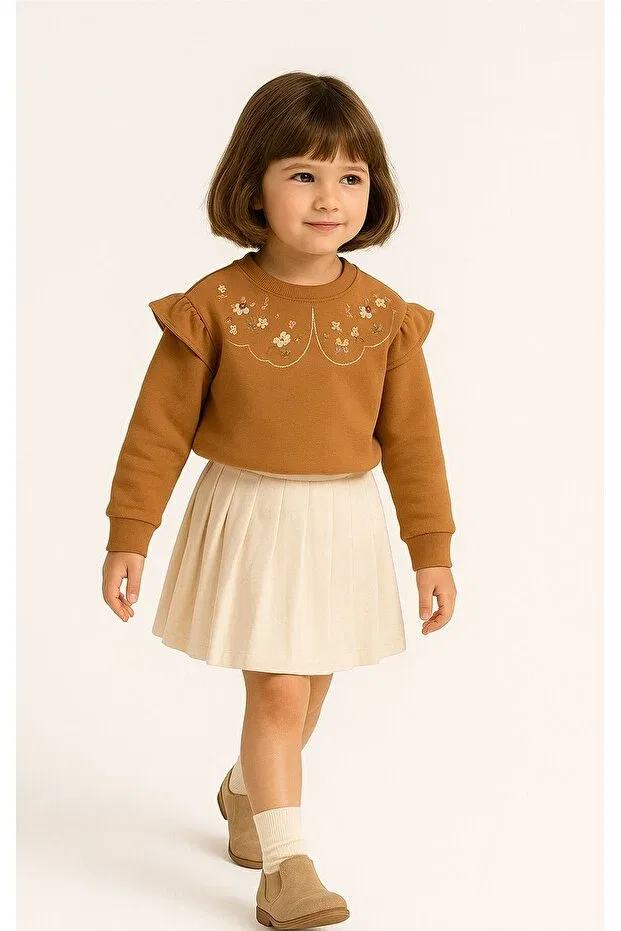 Детское платье-свитшот для девочек хлопковое Ruffled Collar Floral Embroidered 2 Thread Long Sleeve Overdo, Brown