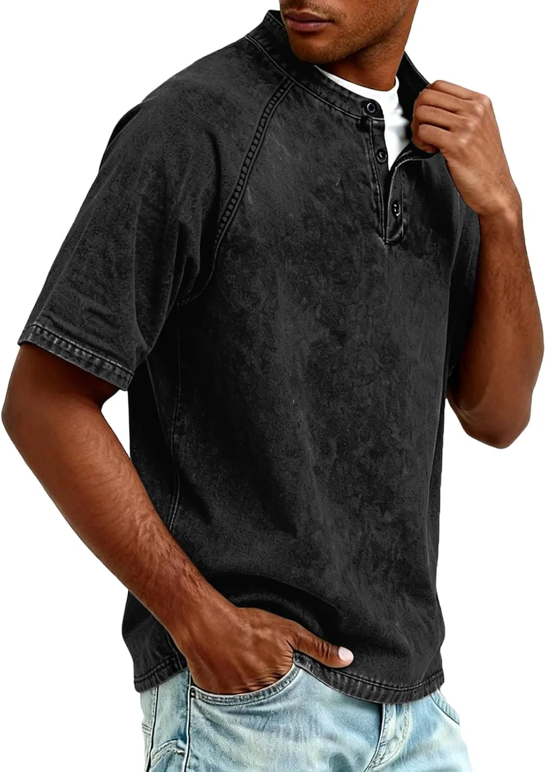 Мужская футболка-поло с эффектом потертости Relaxed Fit, Black — фото 3