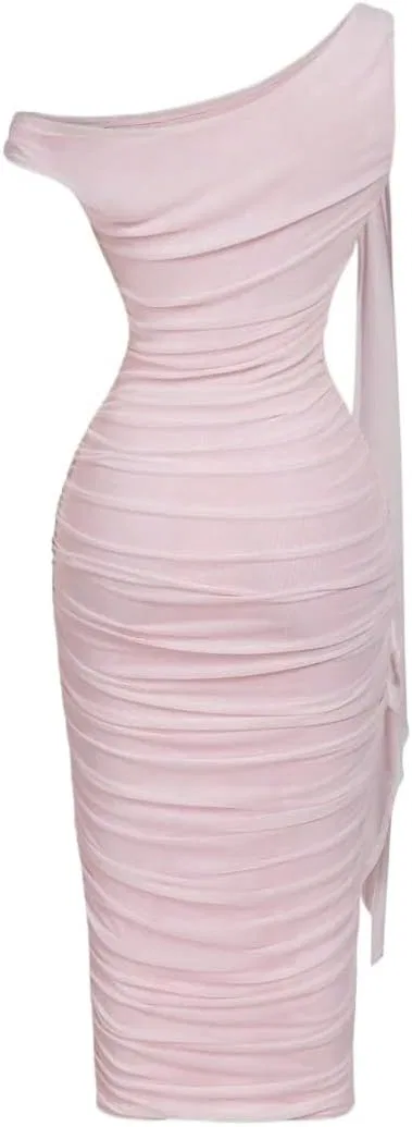 Женское облегающее миди-платье с асимметричным вырезом Bodycon, Baby Pink — фото 2