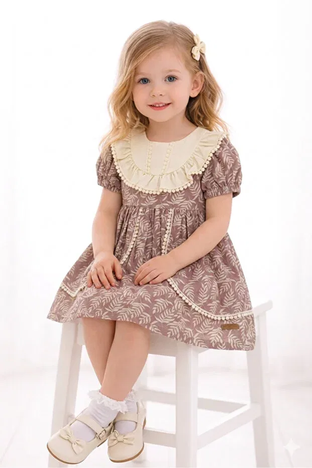Детское платье для девочек с принтом Floral Lace Detail Amante Kıds, Powder — фото 4