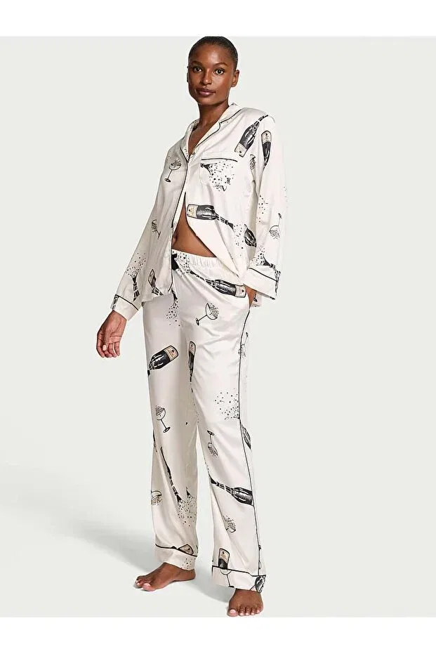 Женский пижамный комплект из сатина с длинным рукавом Victoria'S Secret, White With Champagne Print