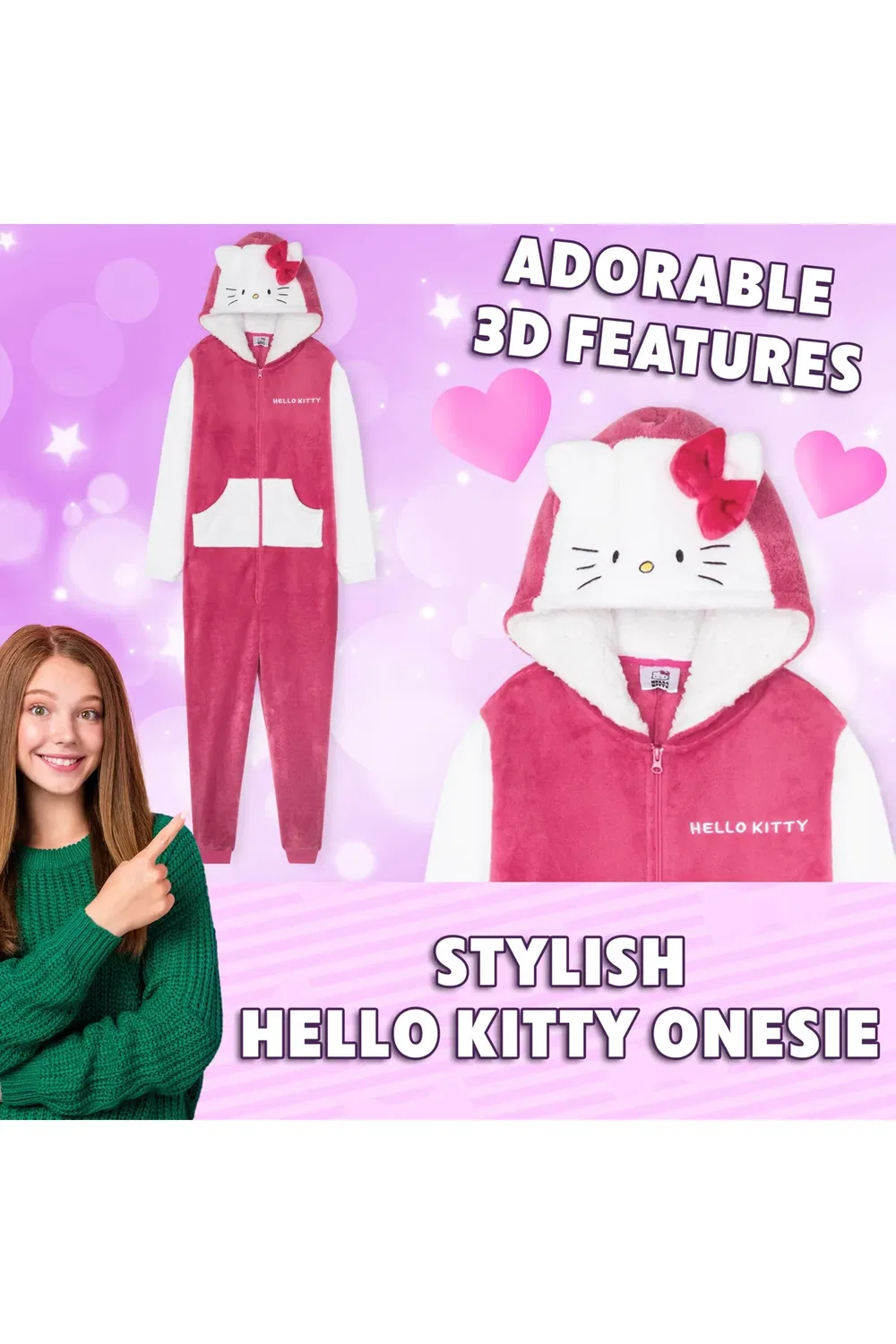 Детский комбинезон-слип с длинным рукавом и капюшоном Hello Kitty, Pink — фото 3