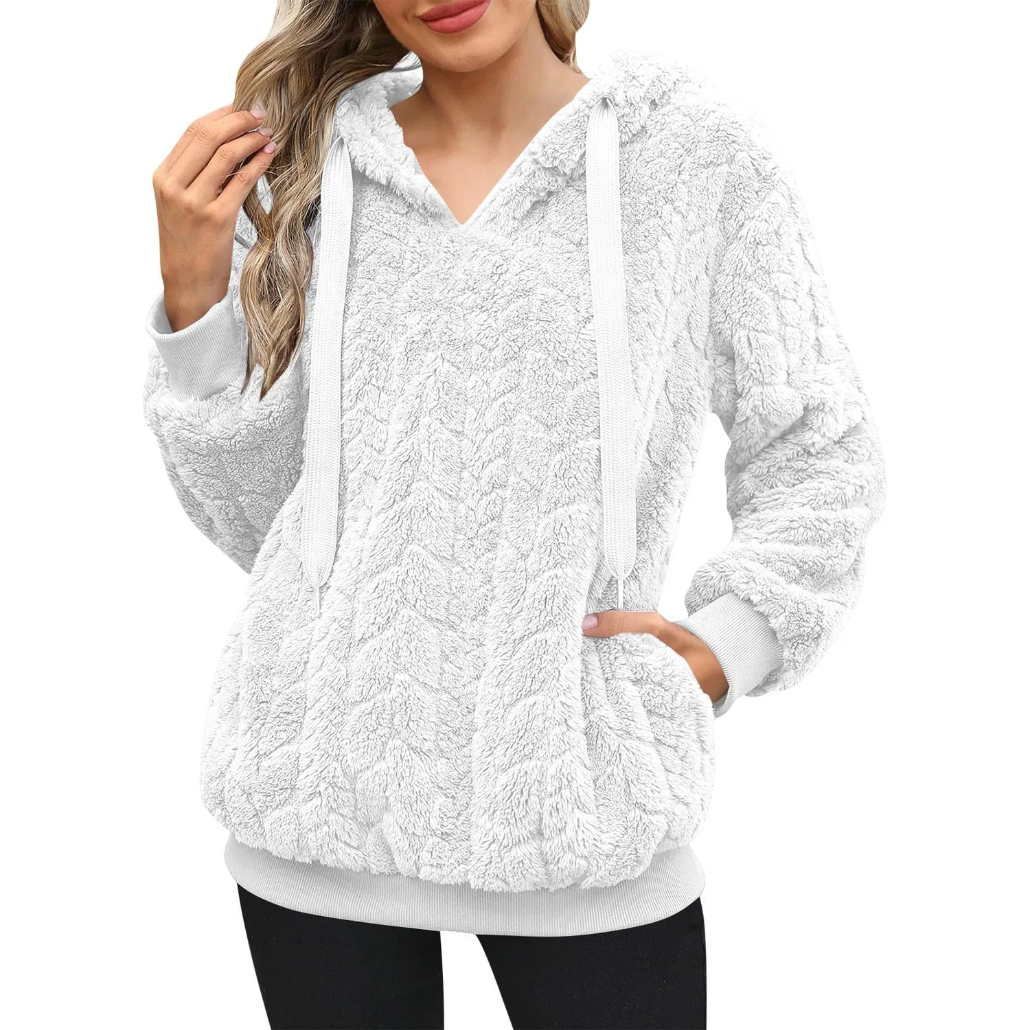 Женское пальто с капюшоном из флиса, длинным рукавом, модель Soft Pullover, 02 Bianco