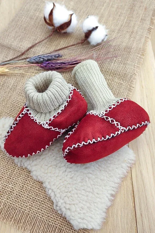 Детские пинетки с принтом Organic leather unisex baby booties natural baby socks with wool inside stl718-22 Sitilin, Burgundy — фото 3