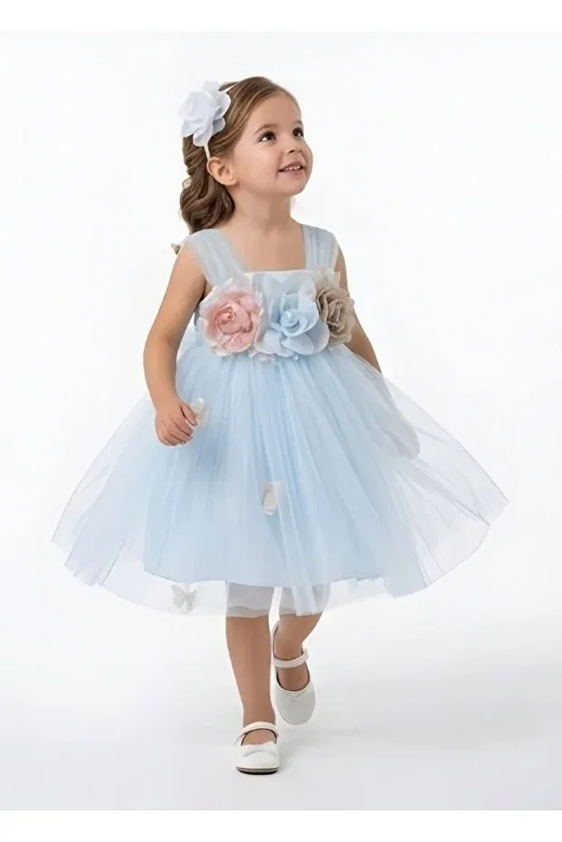 Детское платье для девочек с принтом Baby Blue Tulle Dress With Crown Accessory And Floral Front Moda, Blue