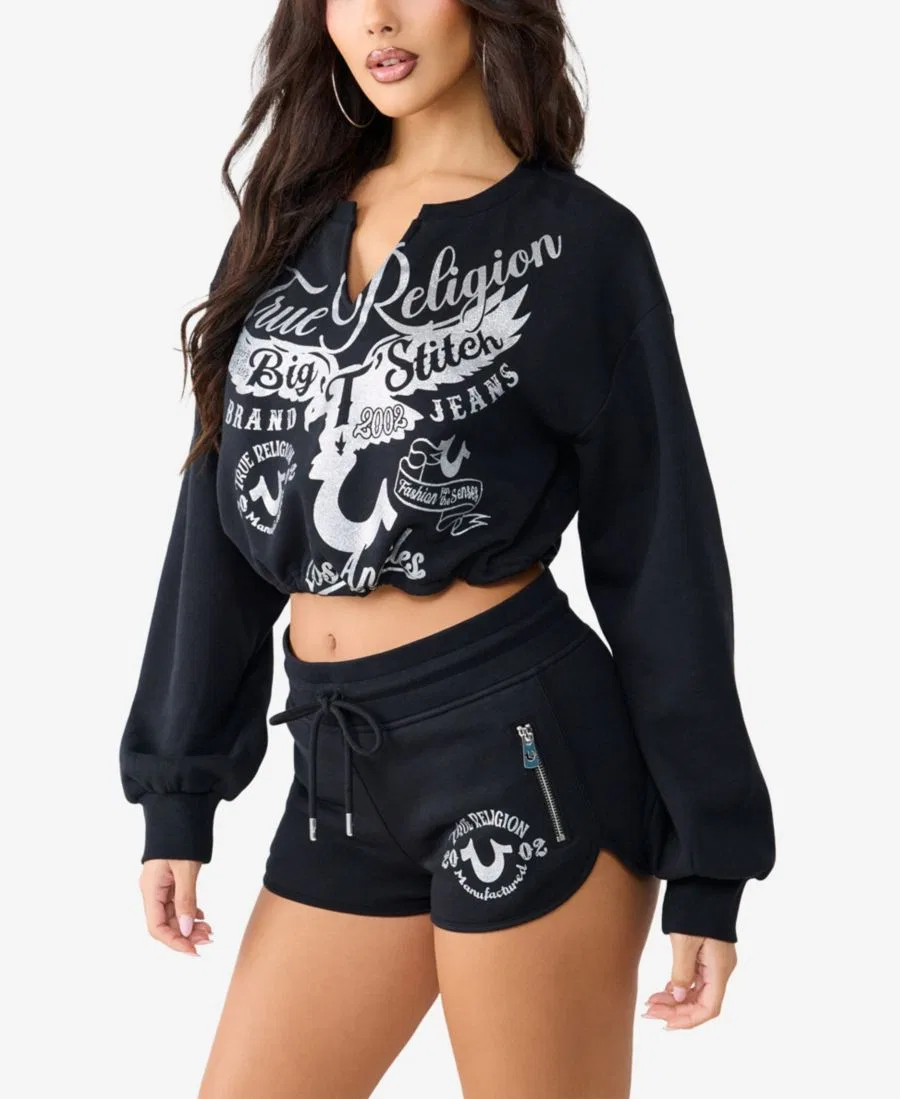 Свитшот женский укороченный с V-образным вырезом, с принтом True Religion, Jet Black — фото 2