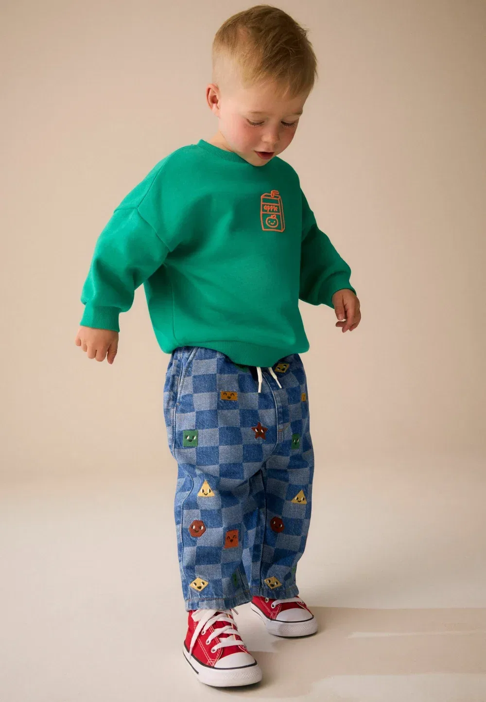 Джинсы свободного кроя Next, Mid Blue Checkerboard With All Over Embroidery