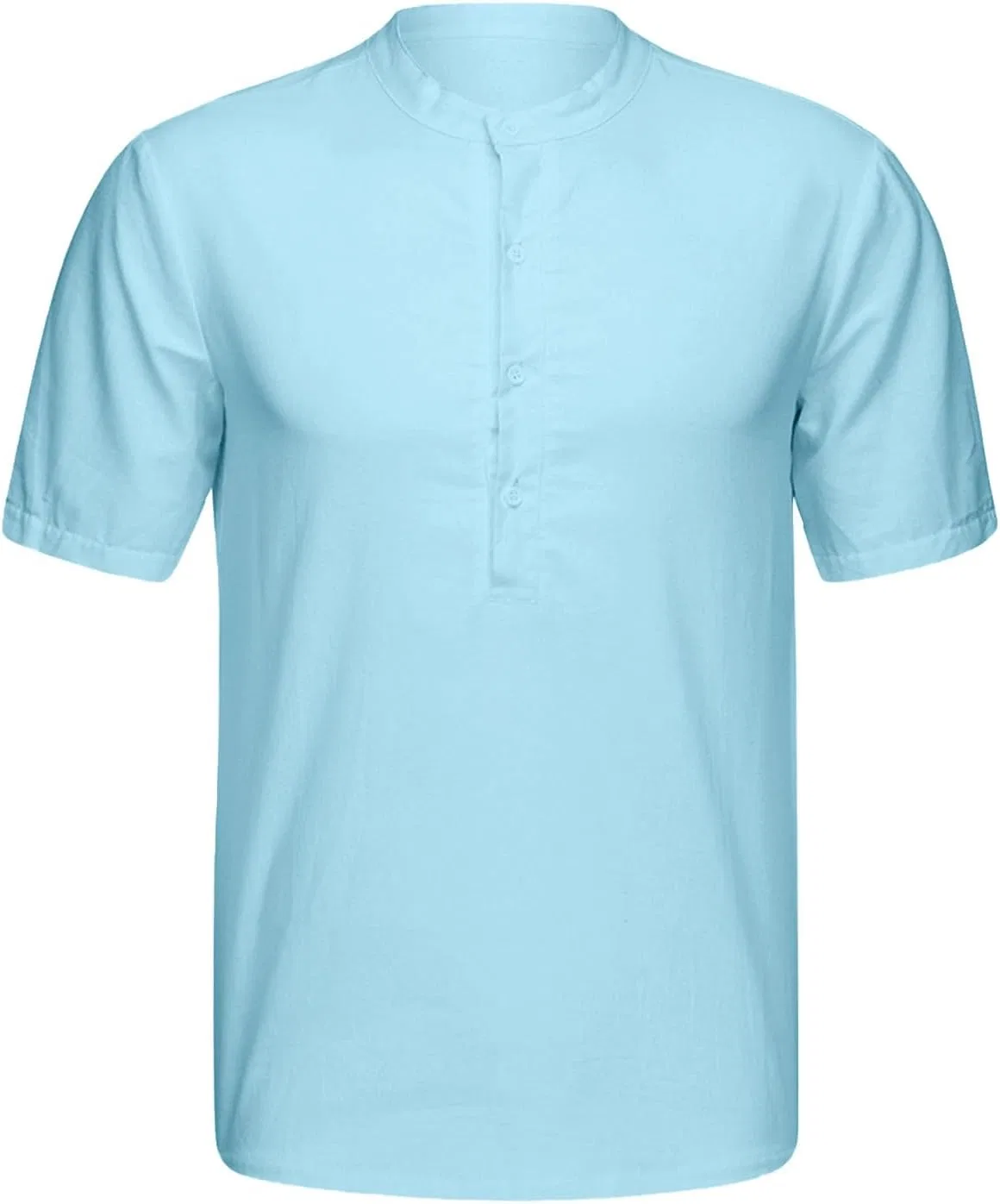 Мужская свободная рубашка-поло с воротником-стойкой из хлопка и льна, Light Blue — фото 4