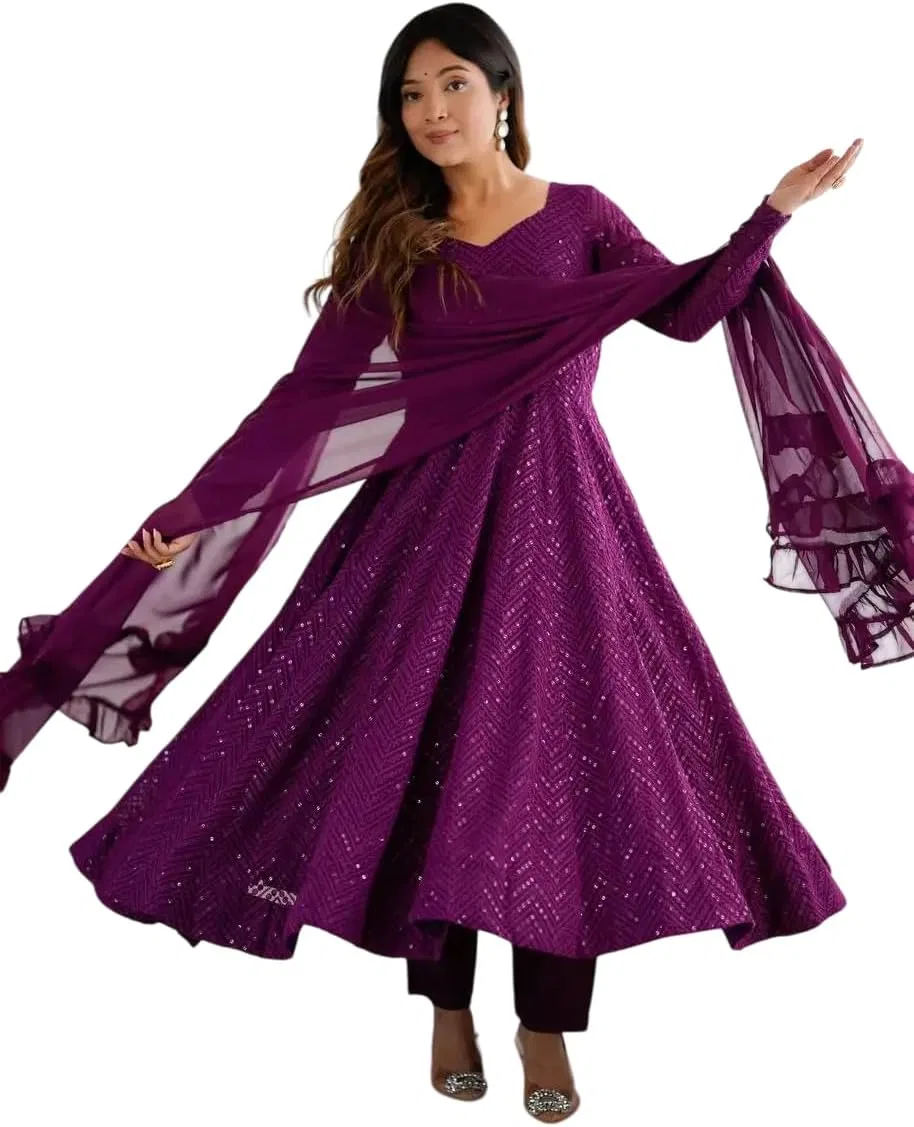 Женская туника-курта с вышивкой Anarkali, комплект с брюками и дупаттой, фиолетовый