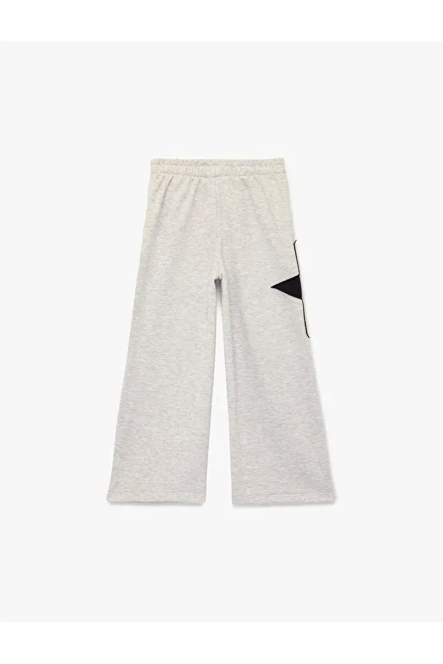 Детские спортивные штаны для девочек с принтом Star Embroidered Wide-Leg Sweatpants With Pockets And Tie-Waist Koton, Gray Melange — фото 4