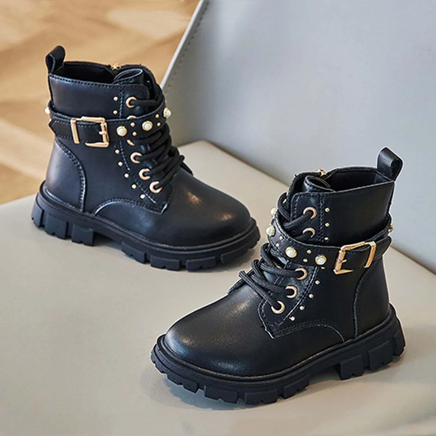 Детские ботинки для девочек на шнуровке с молнией SHOPESSA, Black — фото 3