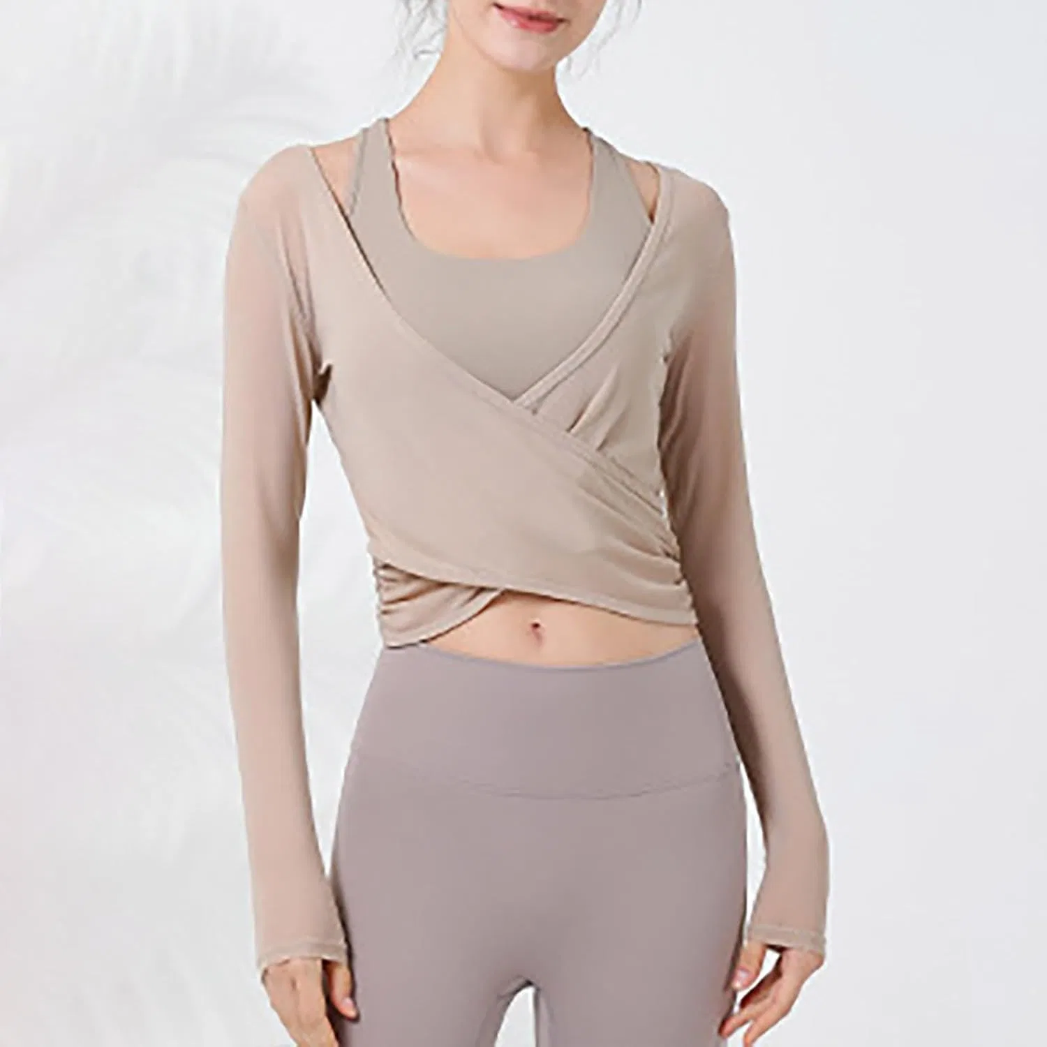 Женская облегающая футболка с запахом Wrap Top, Khaki — фото 2