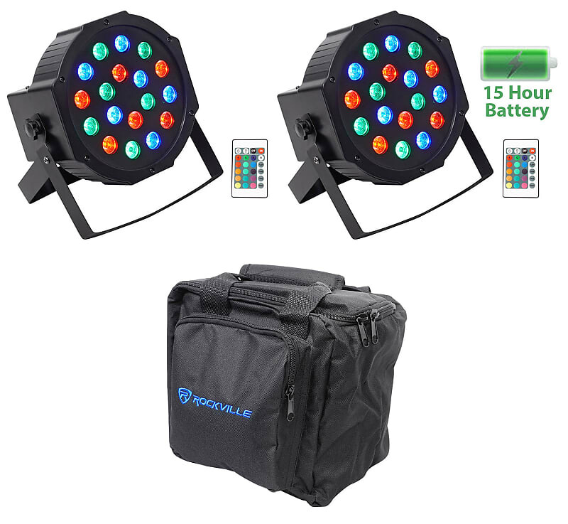

(2) Rockville BATTERY PAR 50 Аккумуляторная светодиодная подсветка DMX DJ Wash Up + Пульты + Сумка (2) BATTERY PAR 50+RLB90