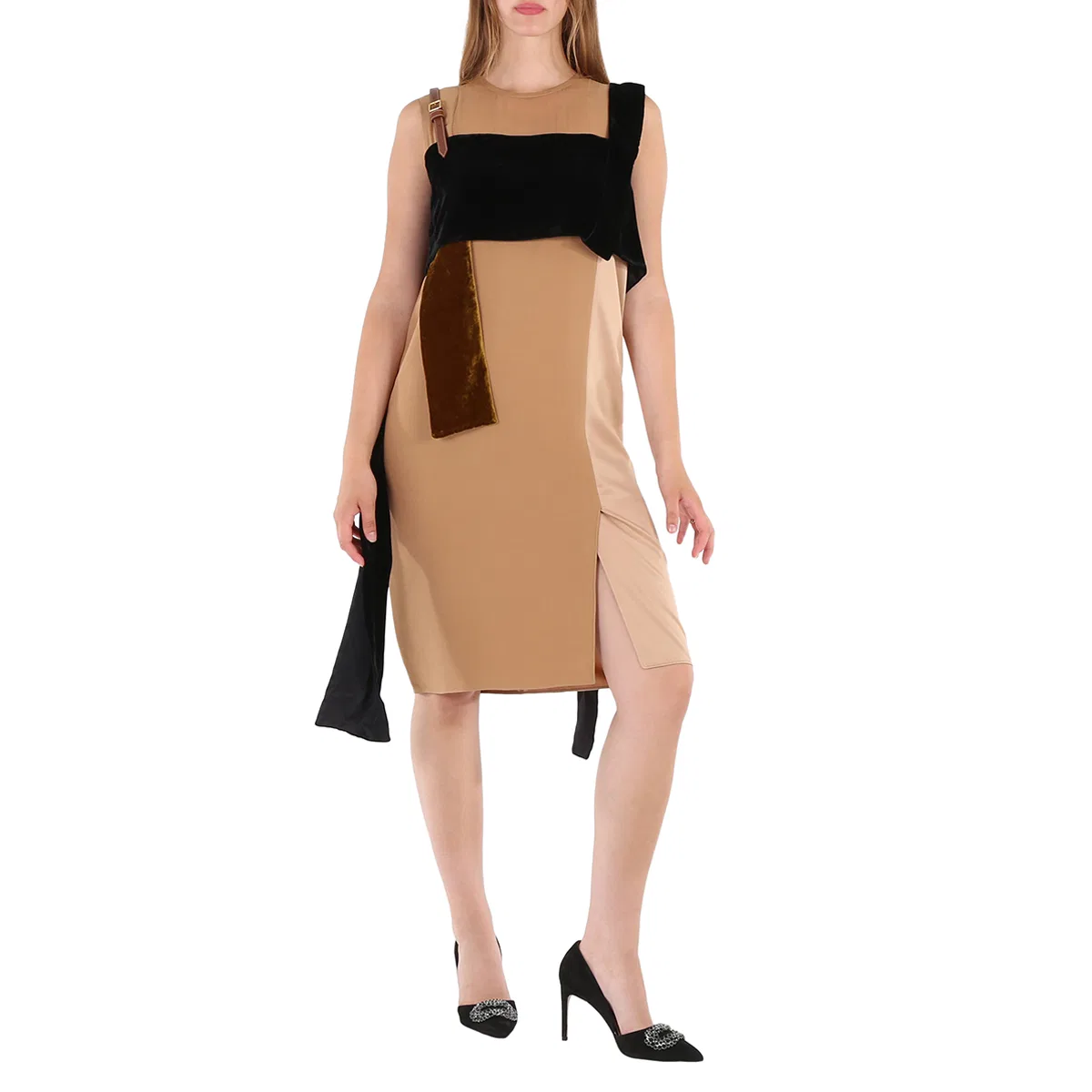Платье для коктейля и вечеринок из шелка и бархата Silk And Velvet Strap Detail Dress Burberry, Biscuit
