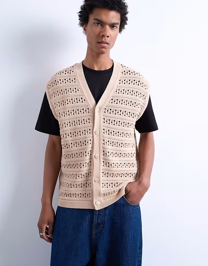 

Жилет, свободный крой с пуговицами на трикотажной майке Topman, серо-бежевый