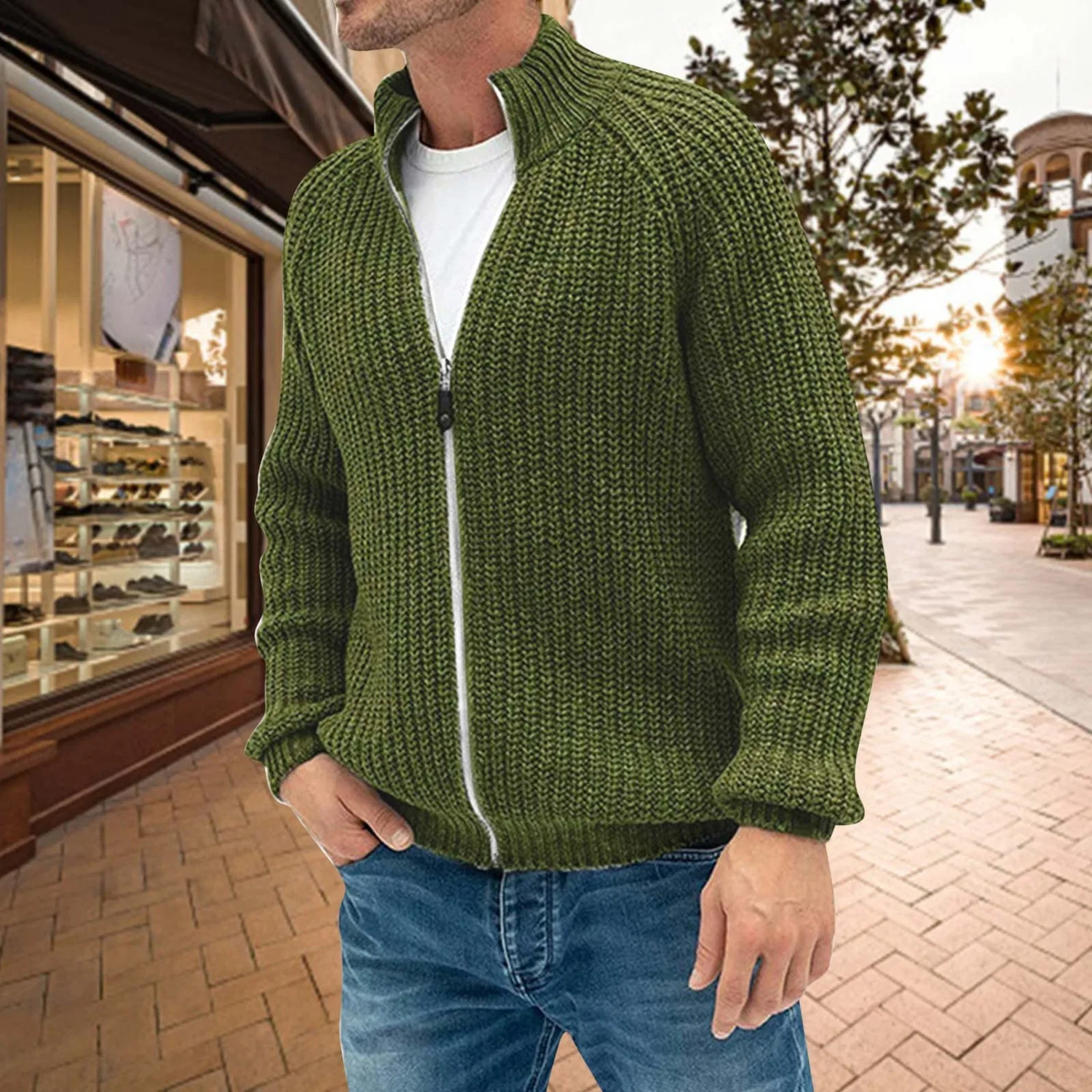 Мужской кардиган с молнией и воротником-стойкой Classic Style, Green — фото 2