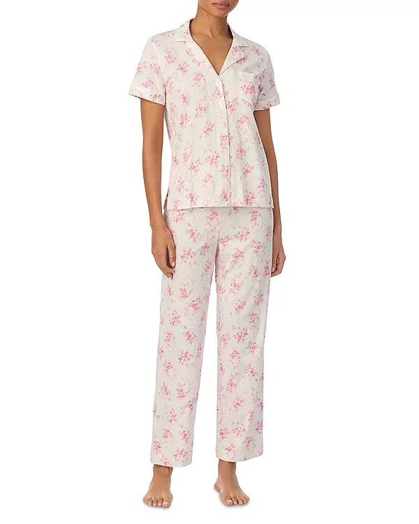 Женский комплект пижамы с принтом Short Sleeve Classic Knits Notch Collar Ankle Pant Pajama Set Ralph Lauren, Ivory Floral