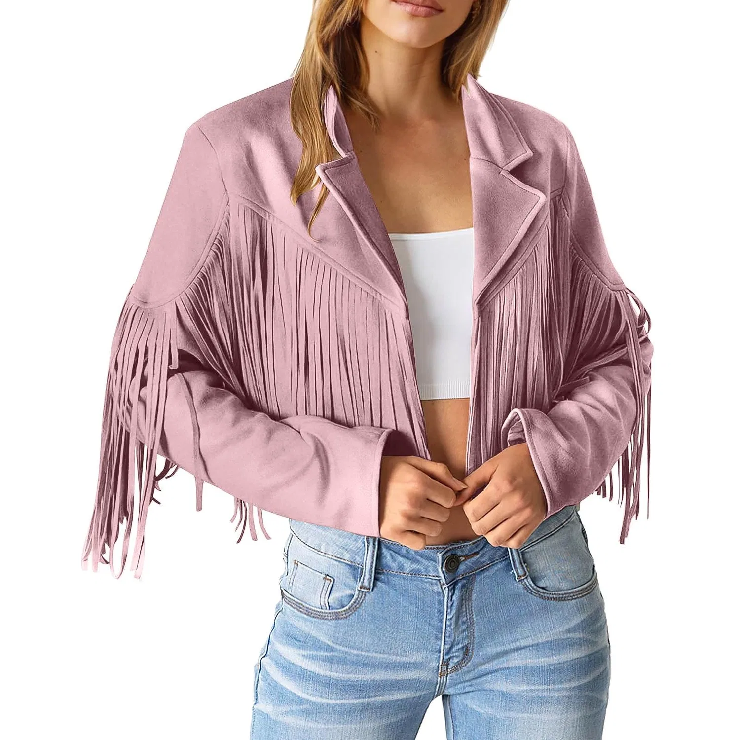 Женская куртка-косуха с бахромой Faux Suede Leather Jackets with Fringes, pink — фото 3