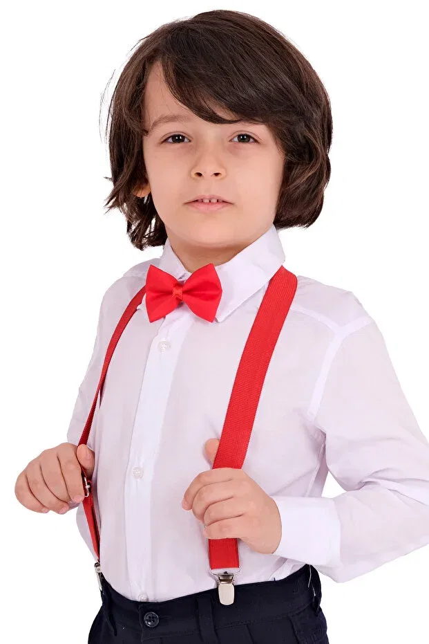 Детский комплект для мальчиков с длинным рукавом Boy'S long sleeve white shirt red suspender bow tie 3 piece set Delfini Kids, White — фото 4