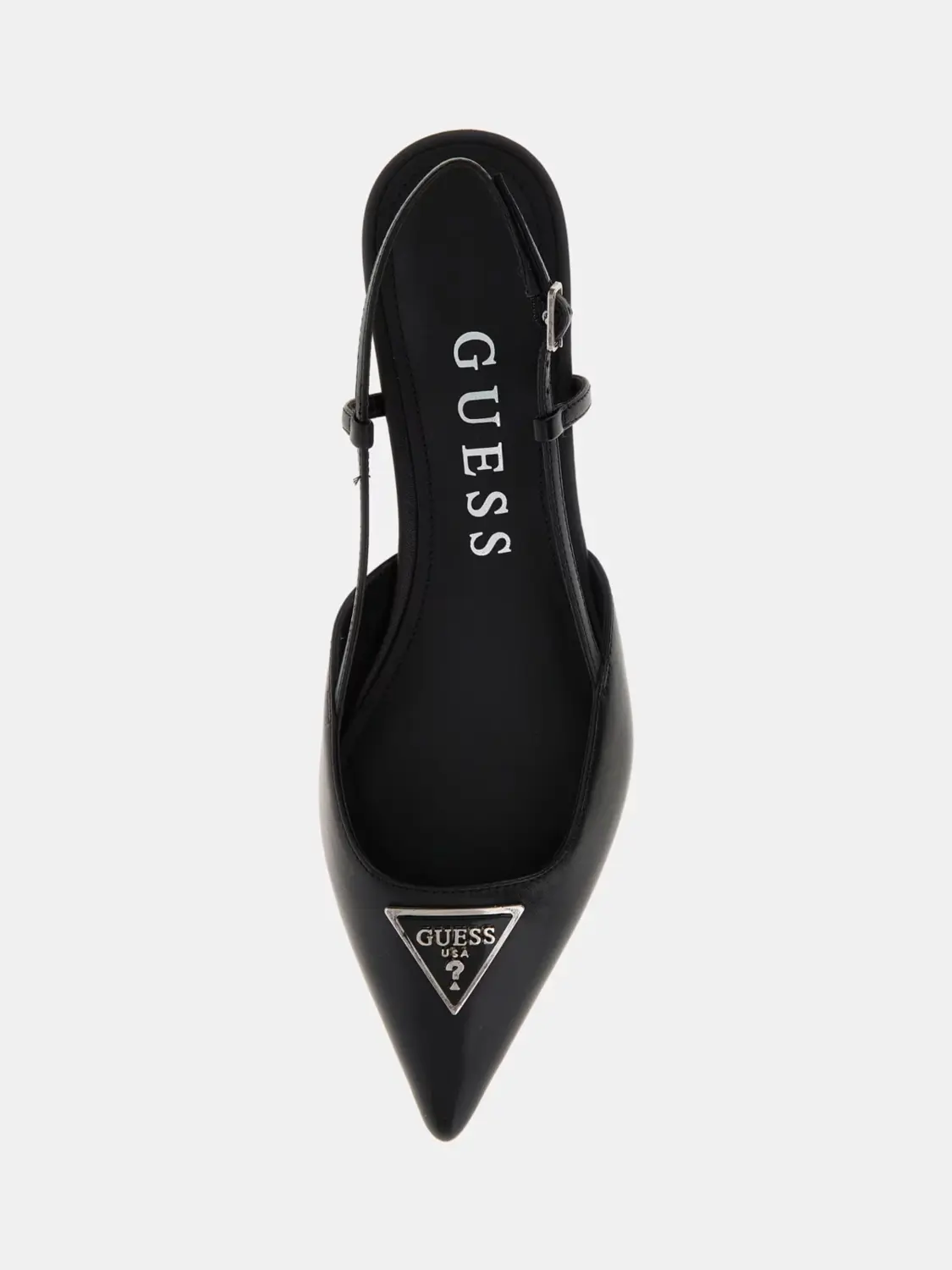 Женские туфли-лодочки Guess Jesson черные с острым носом на низком каблуке с ремешком через пятку — фото 3