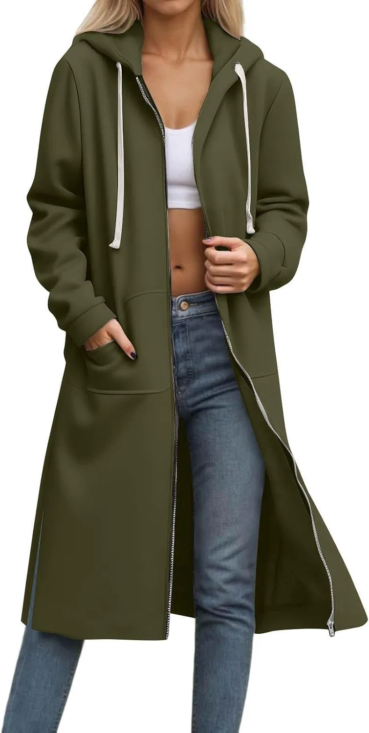 Женская oversize худи с капюшоном на молнии, с длинным рукавом, из флиса, с карманами, армейский зелёный
