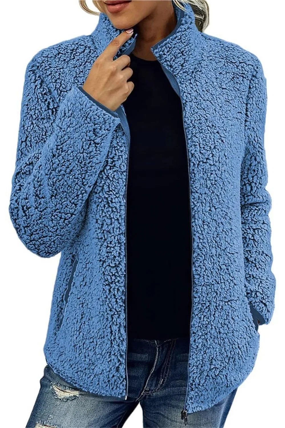 Женская куртка из флиса с высоким воротником и молнией, Light blue — фото 3