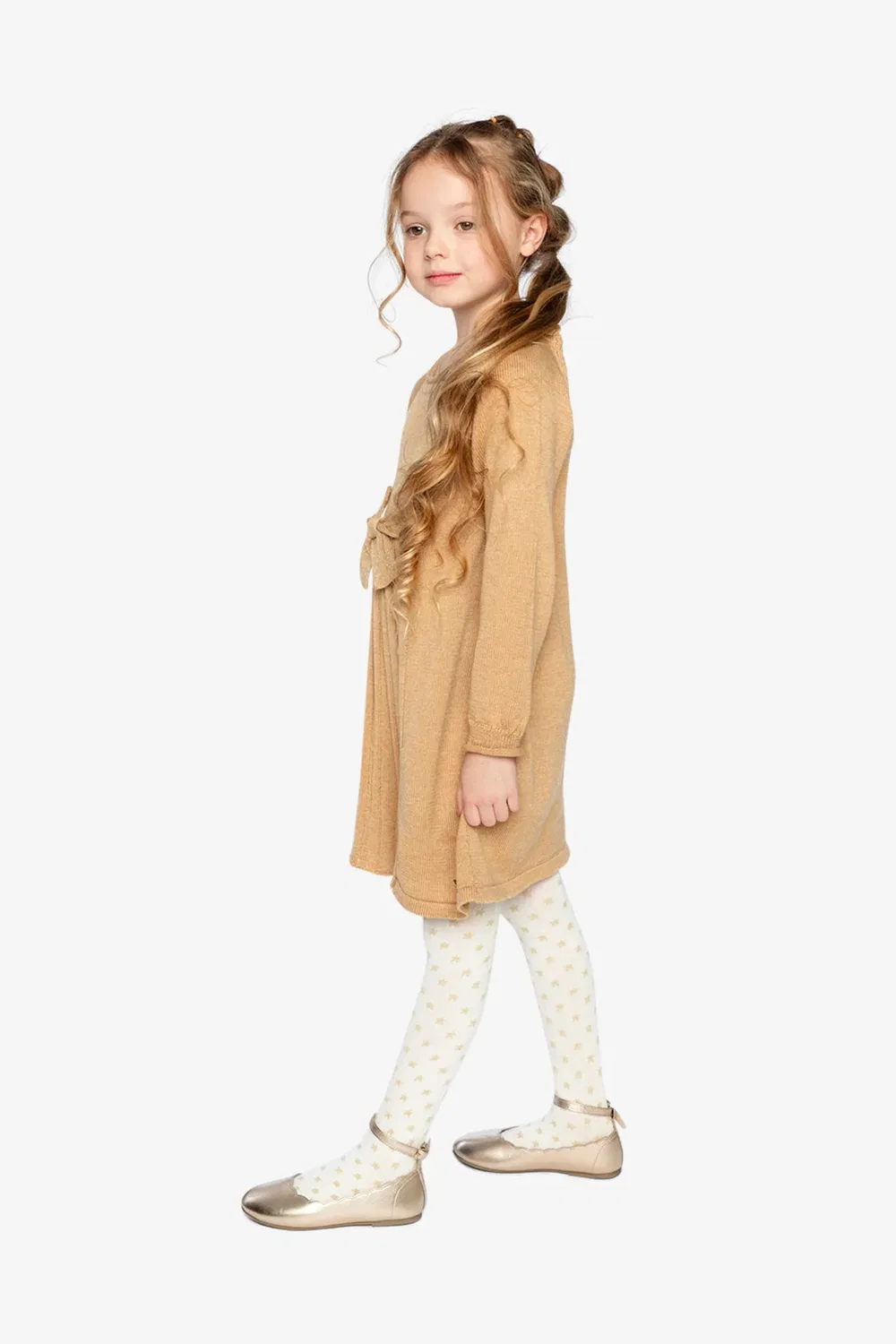 Детское платье-трапеция вязаное с бантом Knitted Dress Deux par Deux, Brown Cinnamon — фото 2