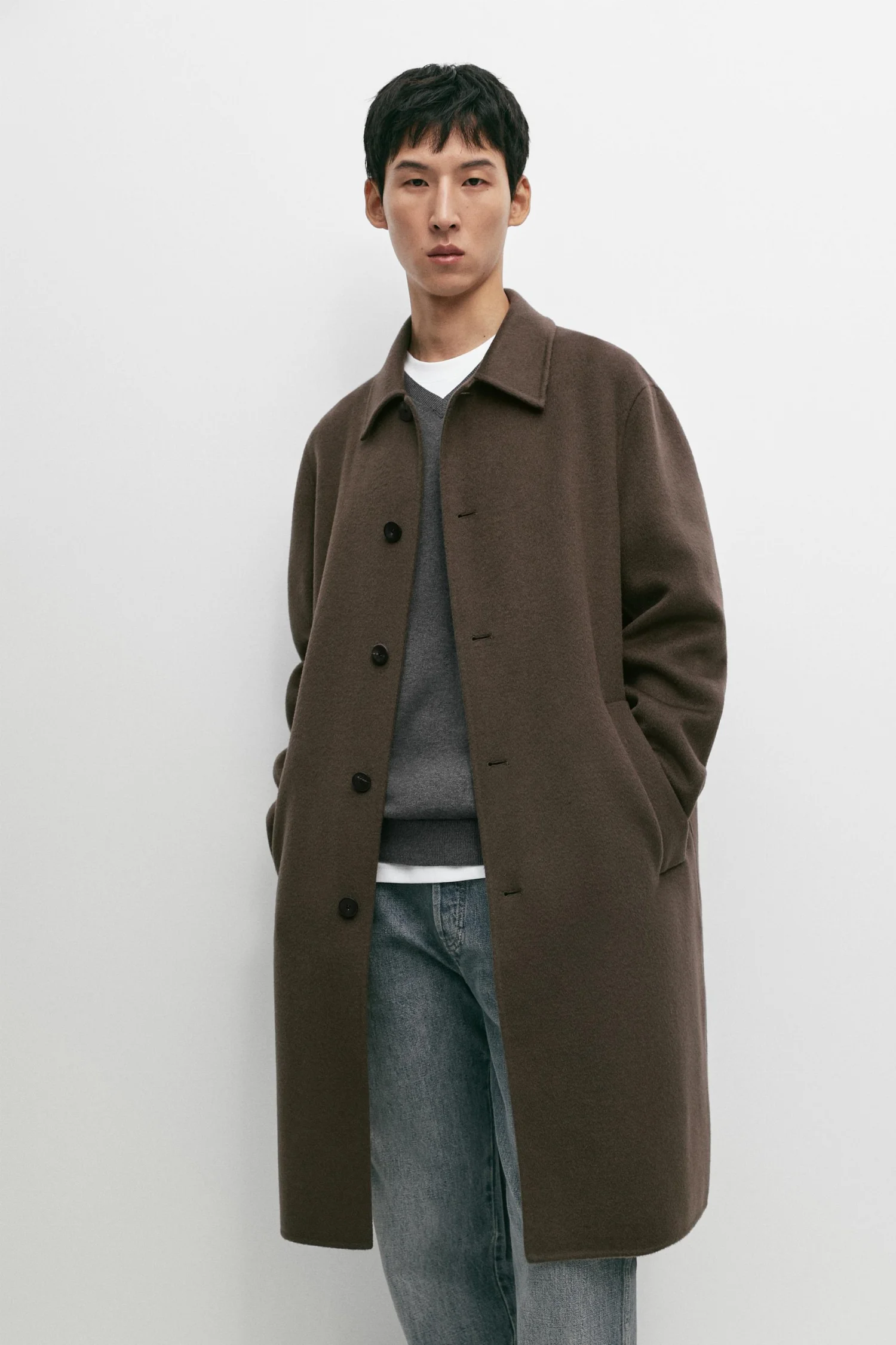 Пальто Massimo Dutti Long Wool Blend, темный хаки — фото 2