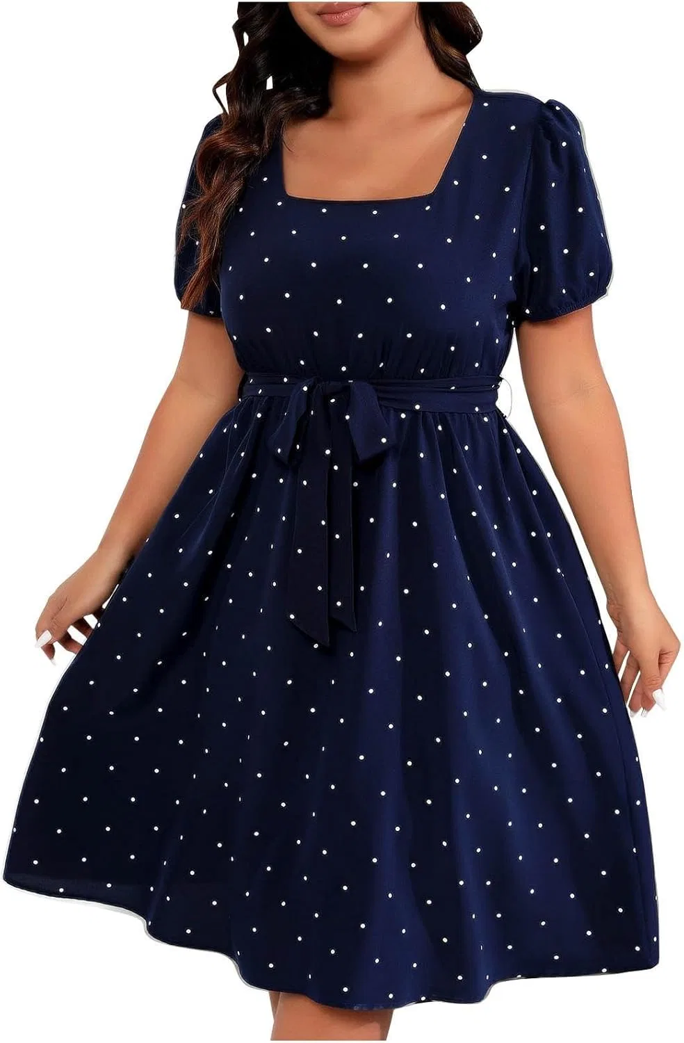 Женское платье миди с квадратным вырезом и поясом Plus Size, Dark Blue