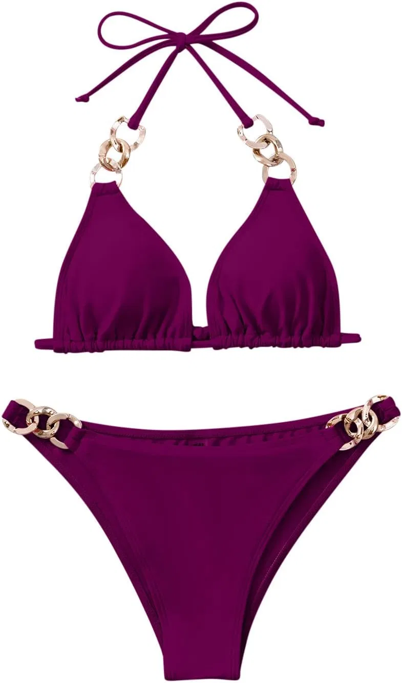 Женский бикини с металлическими украшениями High Waisted Hanging Neck, Purple