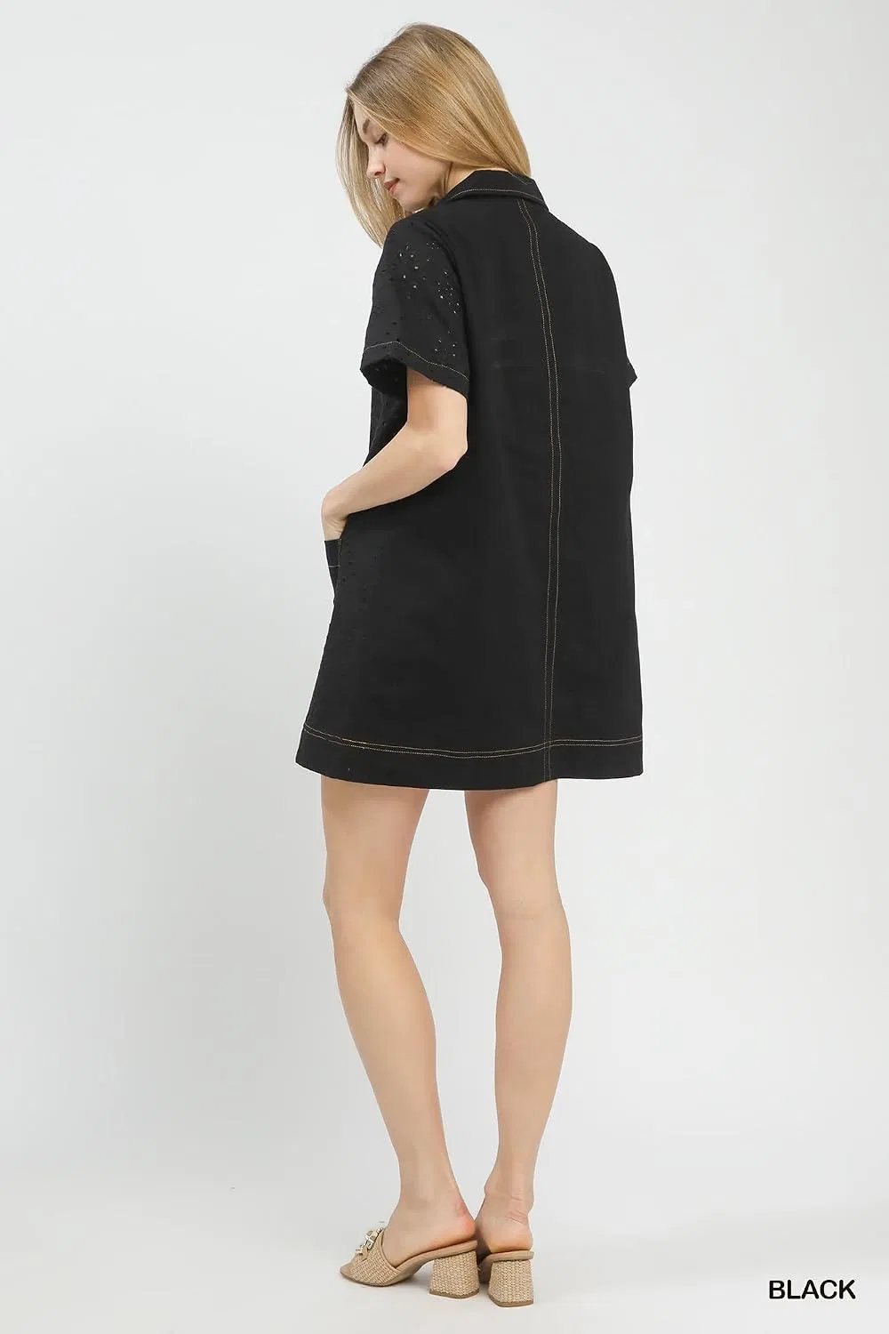 Женское платье-сдвиг с вышивкой Eyelet Short Sleeve Shift Dress, Black — фото 3