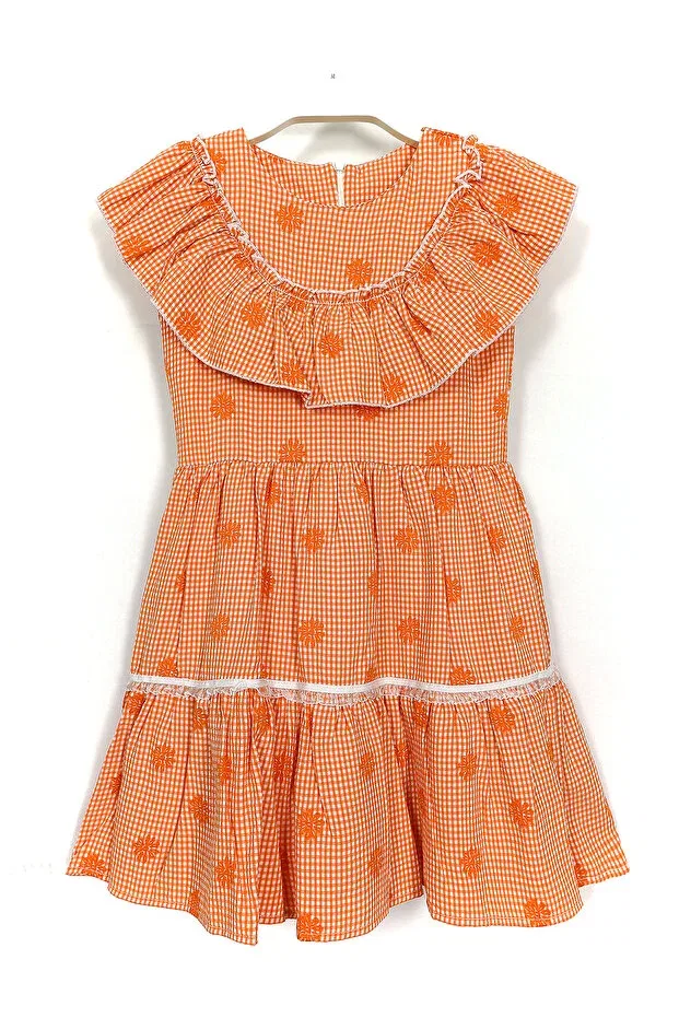 Детское платье для девочек с принтом Embroidered Girl's Plaid Dress Dobakids, Orange