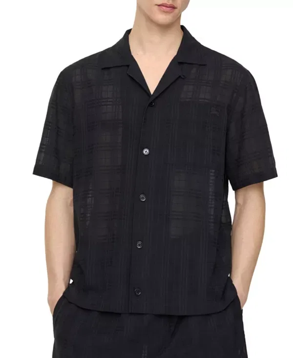 Мужская рубашка с коротким рукавом из хлопка Relaxed Fit Check Cotton Voile Shirt Burberry, черный