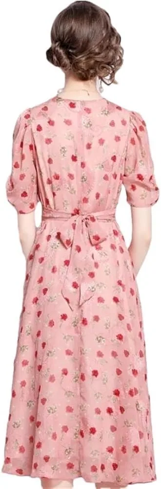 Женское платье-трапеция с цветочным принтом, с коротким рукавом, Vintage Summer, розовый — фото 2