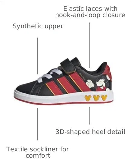 Детские кроссовки для мальчиков с принтом Marvel Avengers Grand Court adidas, Black/Pure Ruby/Crew Yellow/Mickey Mouse — фото 3