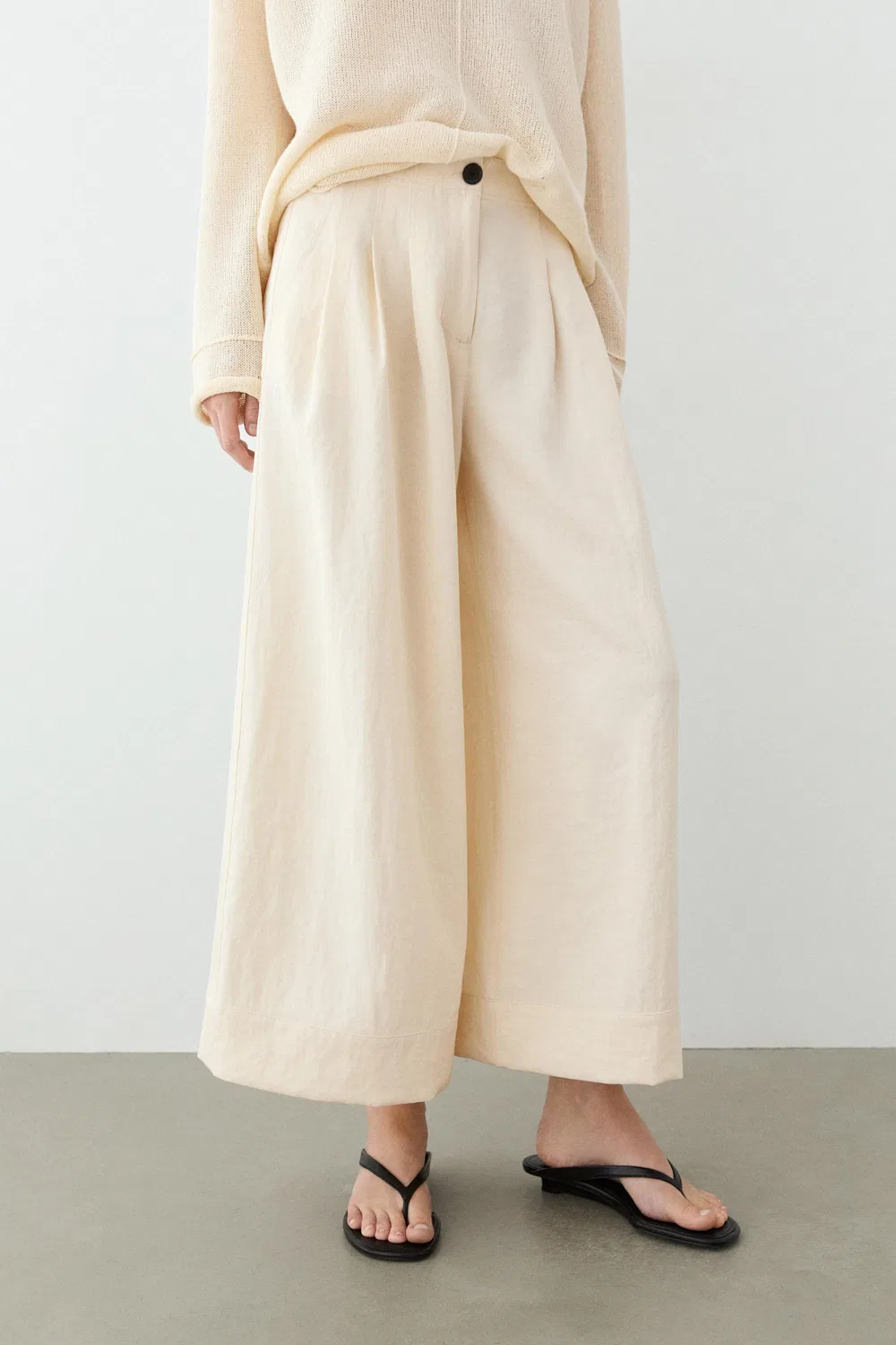 Брюки Massimo Dutti, укороченные, широкие штанины, кремовый — фото 2