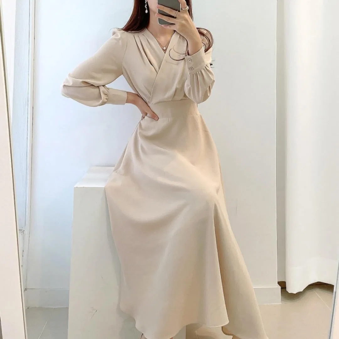 Женское платье миди с V-образным вырезом A-LINE, Apricot — фото 3
