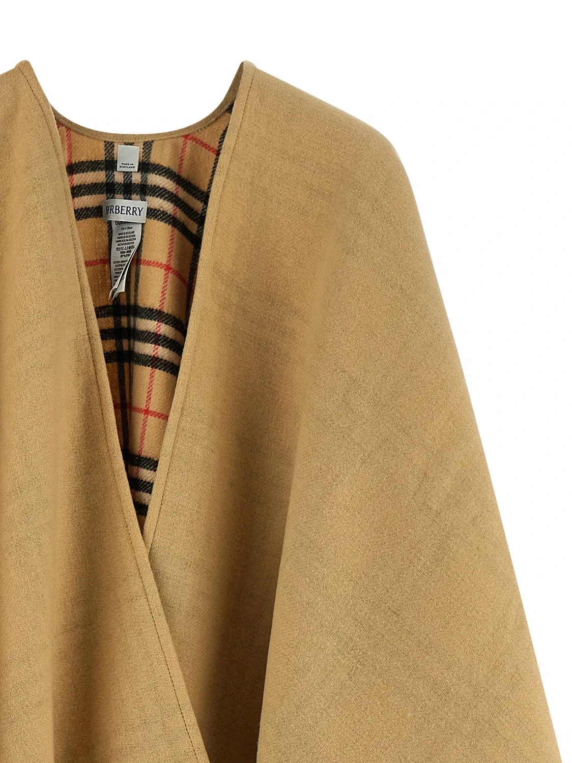Двустороннее шерстяное пончо в клетку BURBERRY, бежевый — фото 4