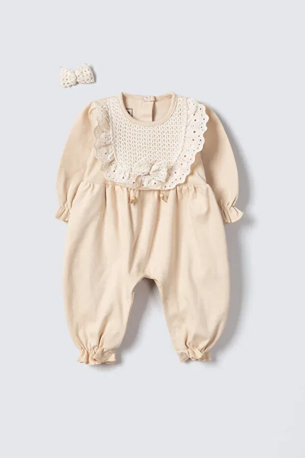 Детский комбинезон для девочек кружевной Lace Long Sleeve Jumpsuit Rise Raba, Beige