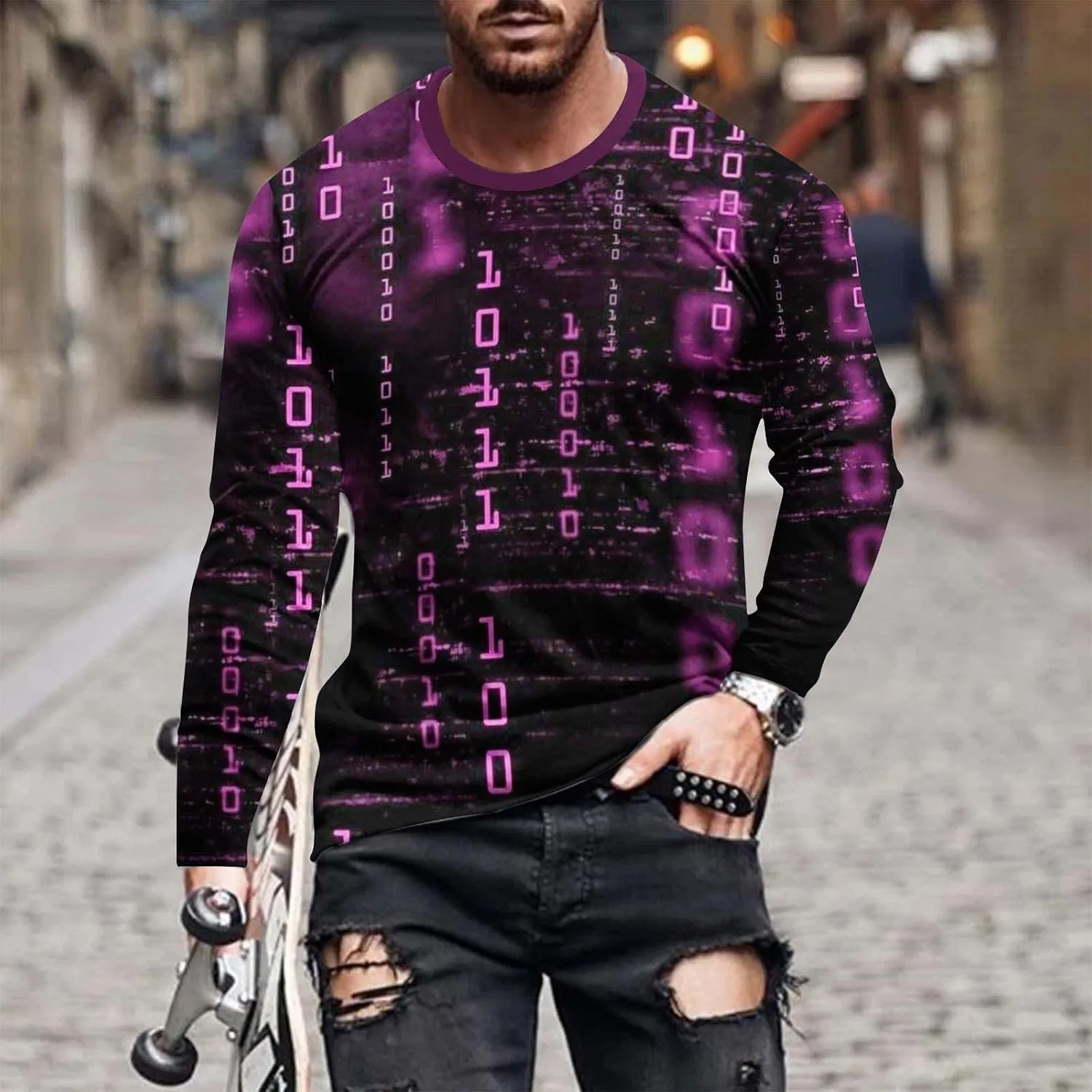 Мужская футболка с 3D принтом Long Sleeve T-Shirt, Hot Pink — фото 2