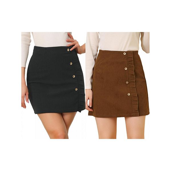 

2 упаковки женской кордюровой мини-юбки а-силуэта с высокой талией и пуговицами Allegra K, Brown Black