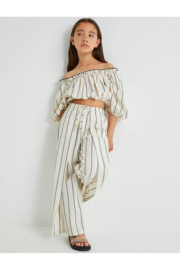 Детские брюки для девочек хлопковые с эластичным поясом Koton, Ecru Striped