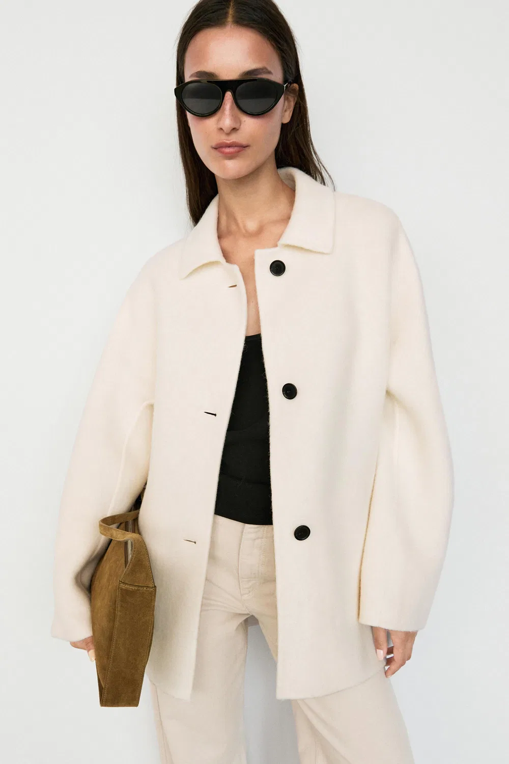 Пальто Massimo Dutti Medium Single-breasted Wool Blend, кремовый