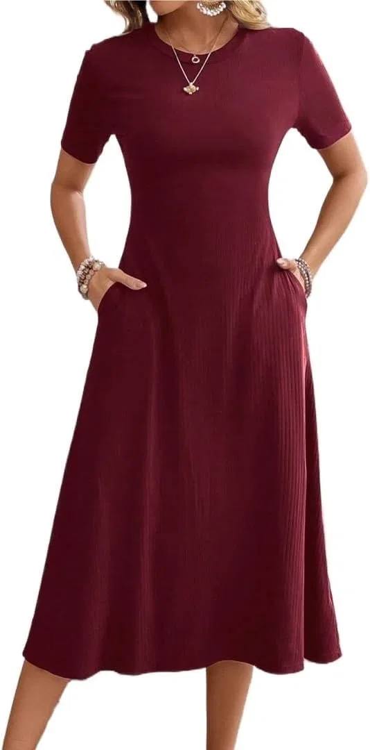 Женское повседневное платье миди A-силуэта Rib Knit, Burgundy — фото 3