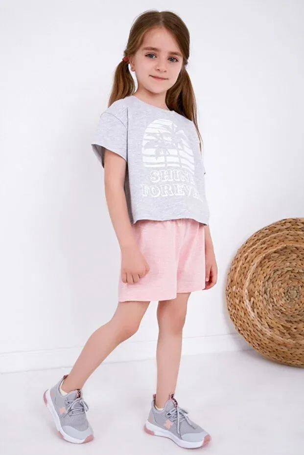 Детские шорты для девочек с эластичным поясом Black&Small, Gray Melange/Pink — фото 3