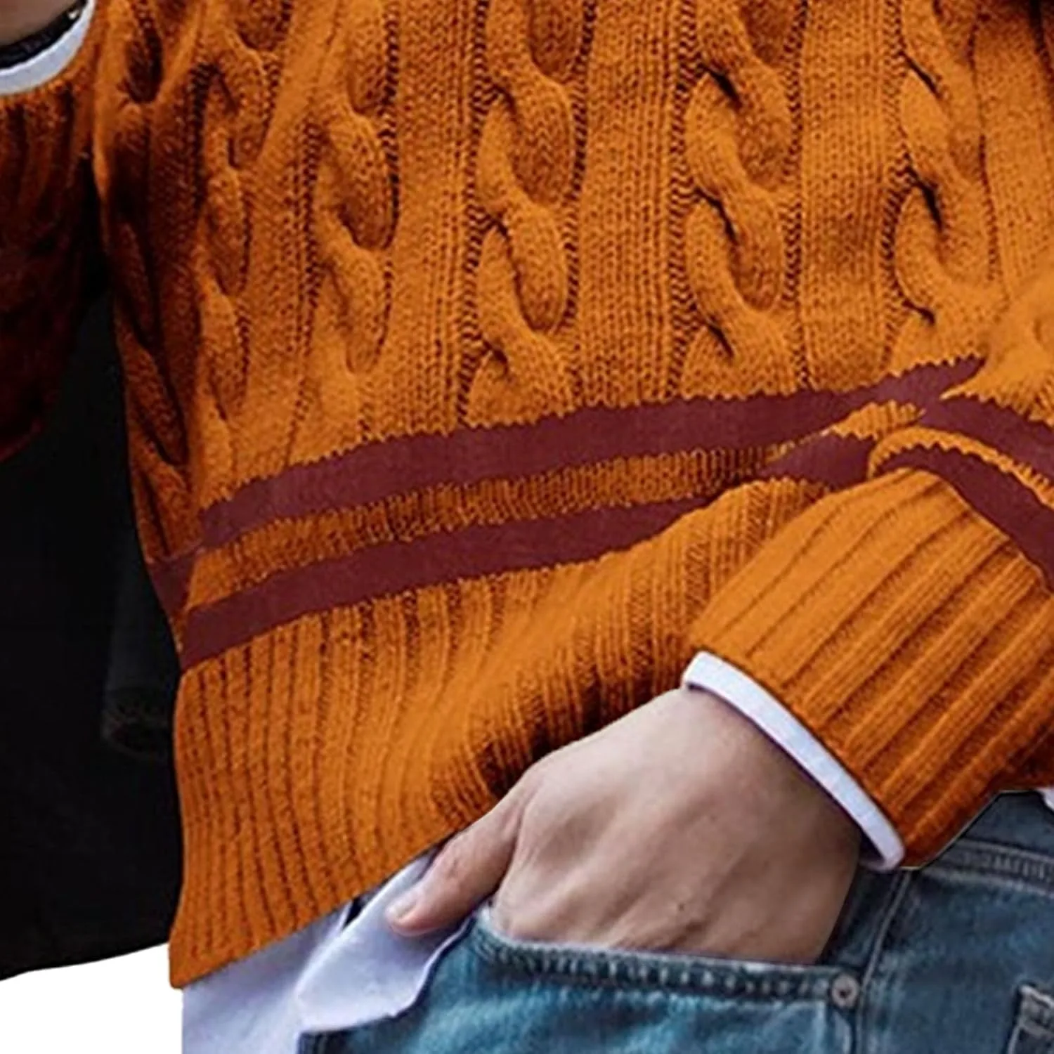 Мужской свитер с V-образным вырезом, рифленый, кабельная вязка, slim fit — фото 2