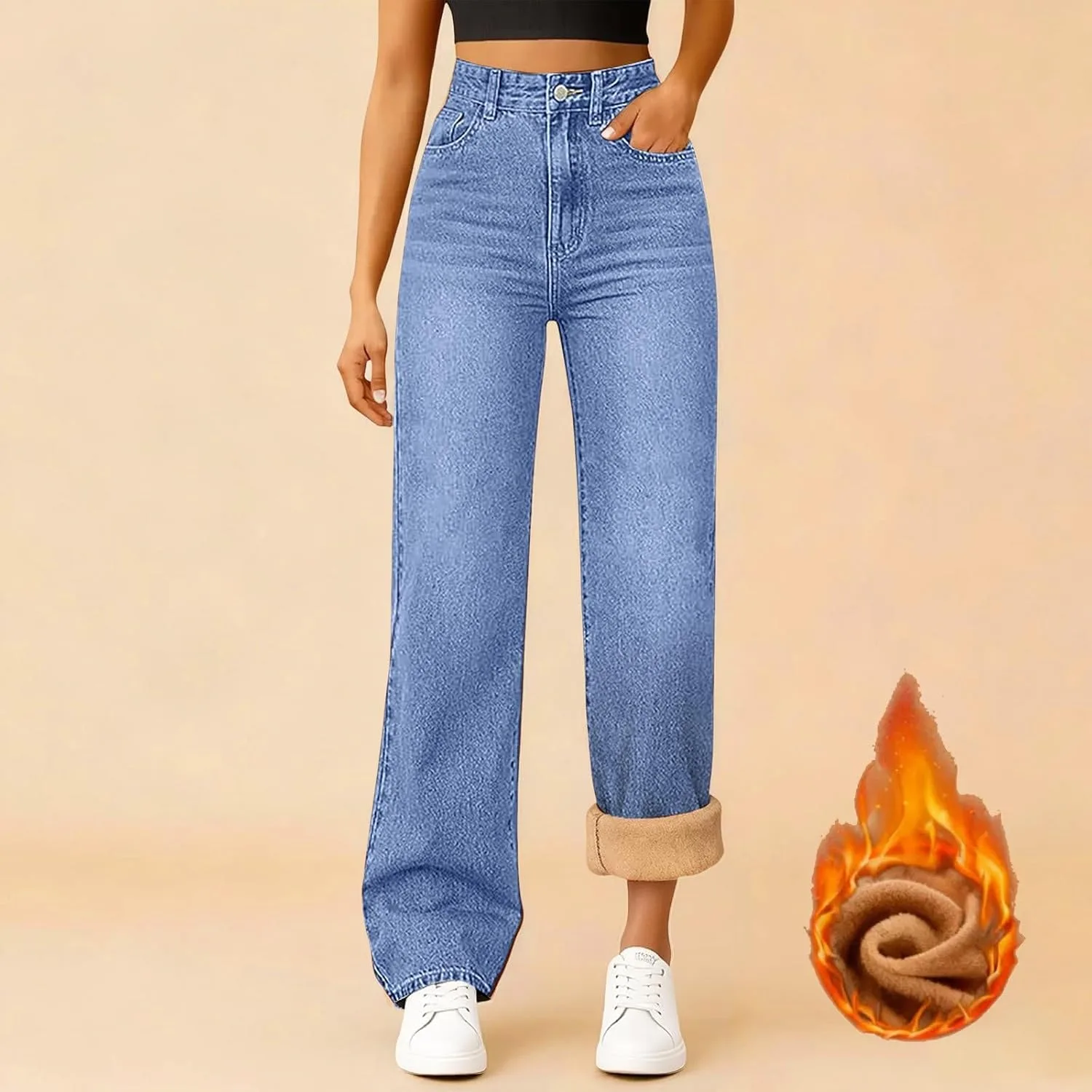 Утепленные джинсы для женщин Wide Leg Baggy зимние теплые — фото 3