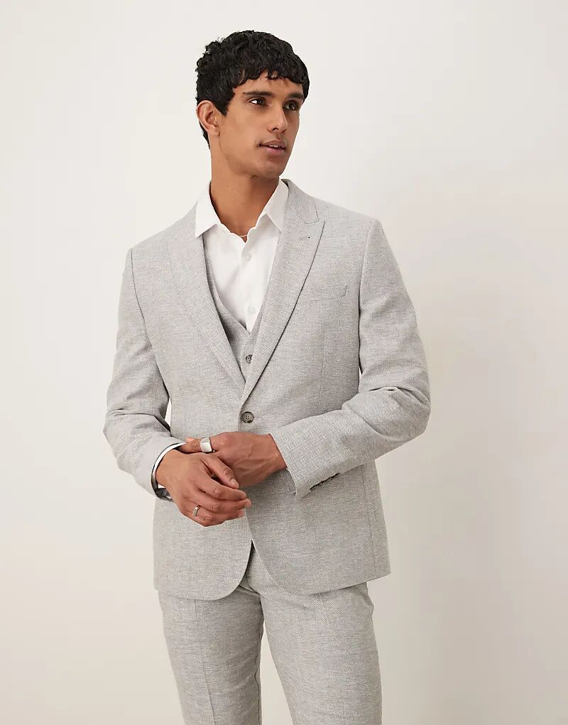 

Тонкий пиджак из льняной смеси хлопка ASOS DESIGN серого цвета с узором «ёлочка»