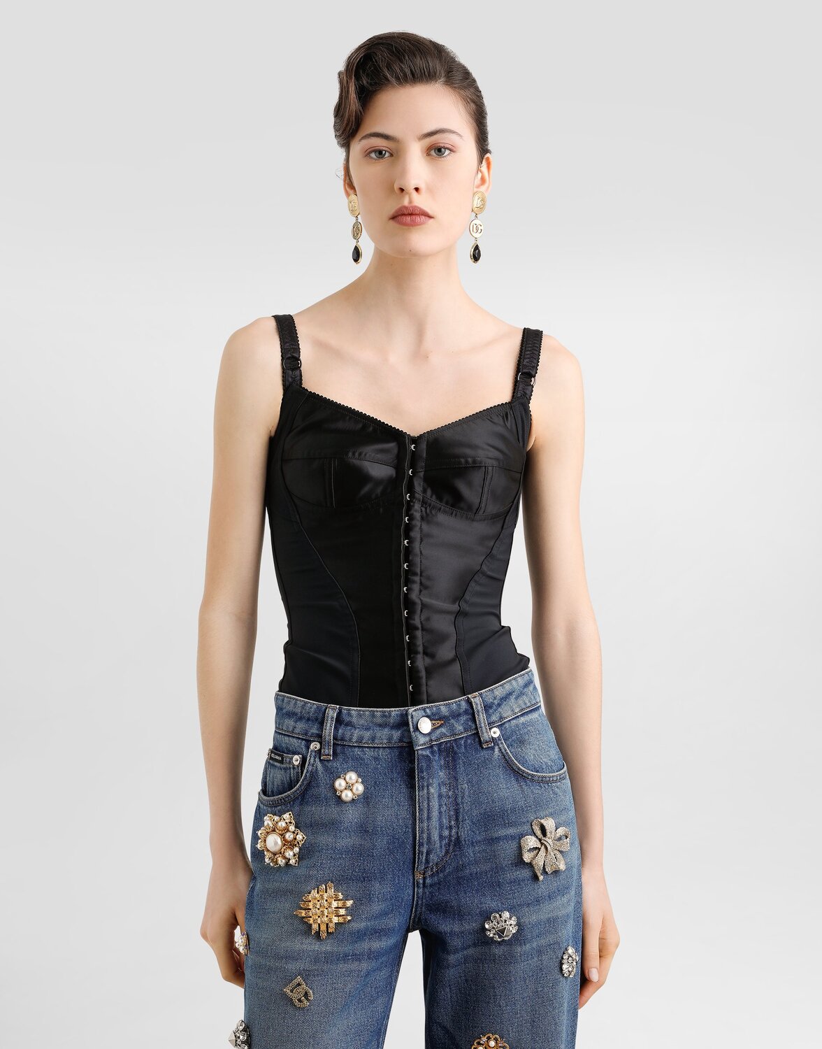 Эластичный атласный бюстье-топ Dolce & Gabbana, черный — фото 2