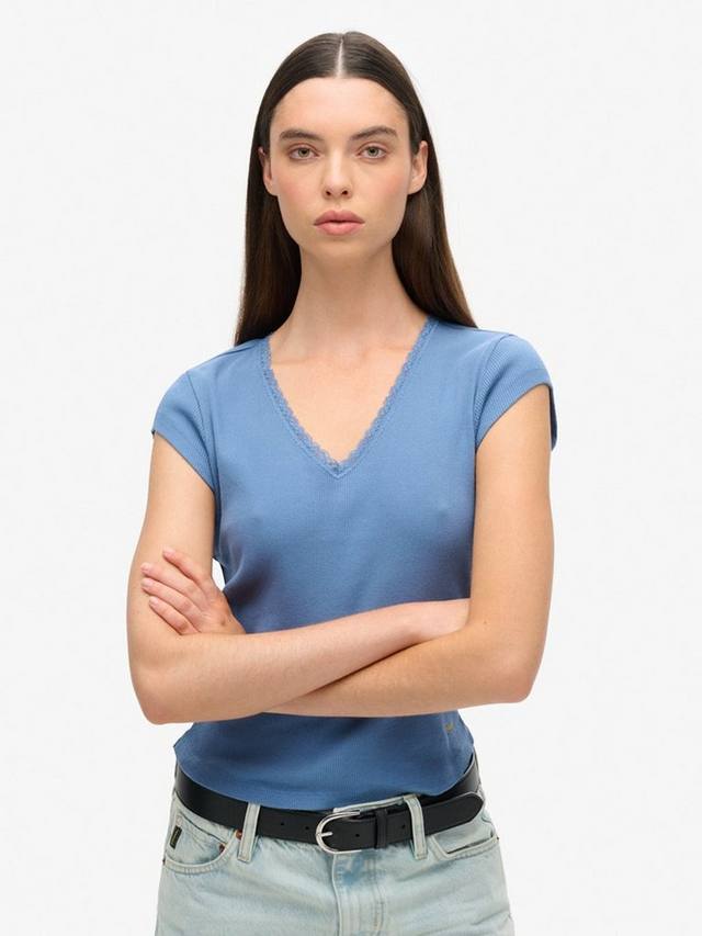 

Спортивная футболка с v-образным вырезом с кружевной отделкой essential Superdry, цвет Wedgewood Blue